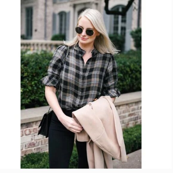 Apiece Apart Los Altos Plaid Flannel Lurex Top Size 6 Ruffle High Neck Puff Slee - Picture 1 of 10